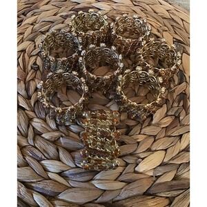 Vintage Gold Filigree Amber Beaded Napkin Rings Set of 8 Thanksgiving Decor